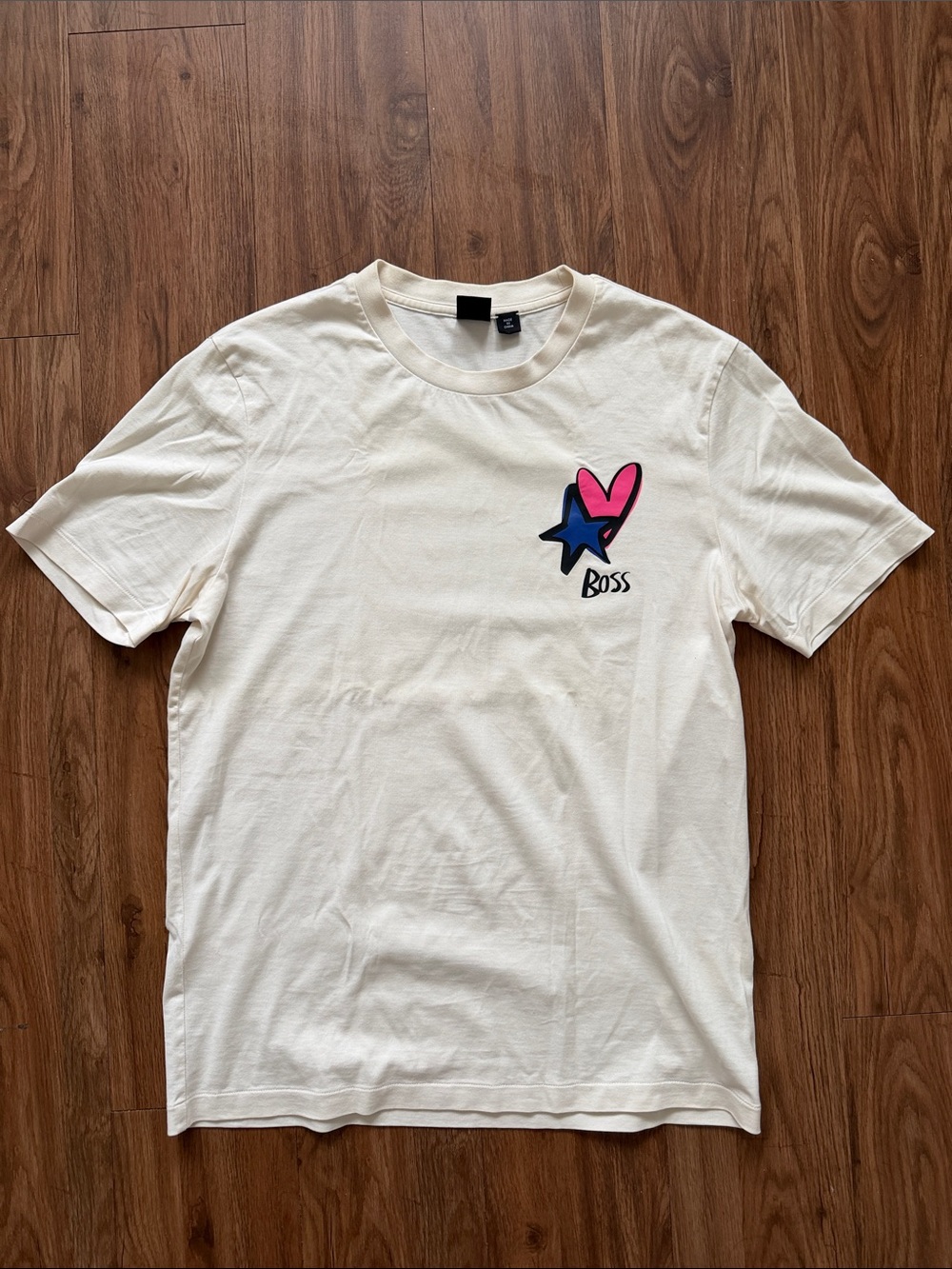 Hugo Boss Cream Tee with Pink Heart & Blue Star Chest Graphic
